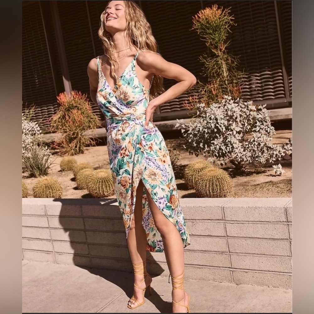 Express floral satin twist high low midi dress